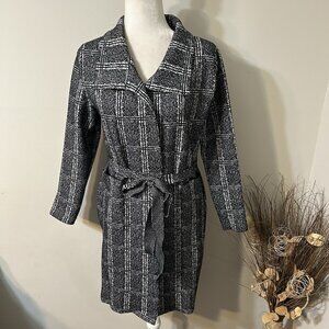 Anthropologie More in Love Women Black White Plaid Knit Coat Belted Pockets Sz L